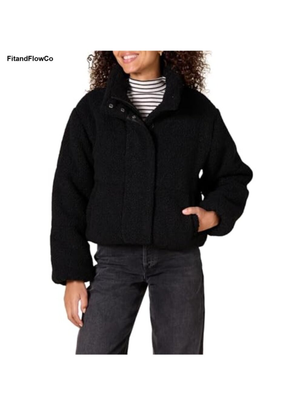 Women's Cropped Full-Zip Puffer Jacket Quilted Sherpa Fleece